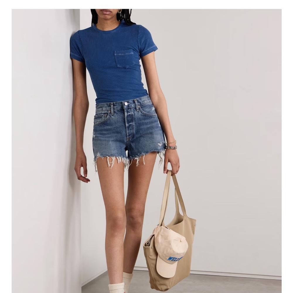 Blue Ribbed T-Shirt and Distressed Denim Shorts